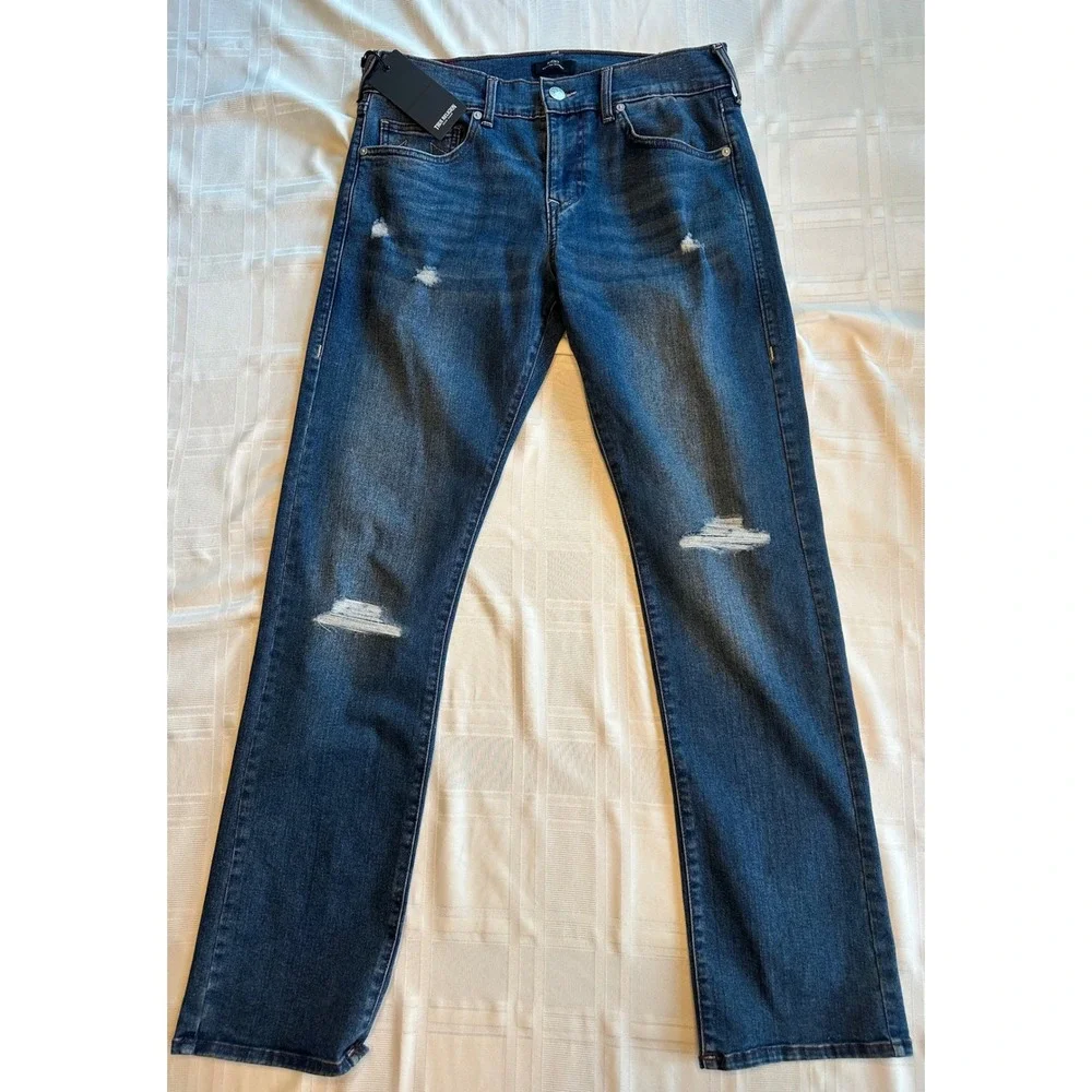 True Religion Jeans Mens 32 Blue Ricky Relaxed Straight Distressed Repair New